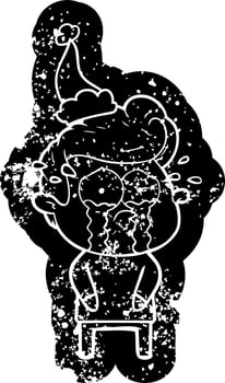 cartoon distressed icon of a crying man wearing santa hat vector
