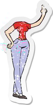 retro distressed sticker of a cartoon female body with raised hand vector