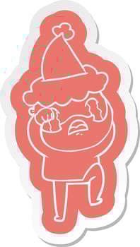 cartoon  sticker of a bearded man crying and stamping foot wearing santa hat vector