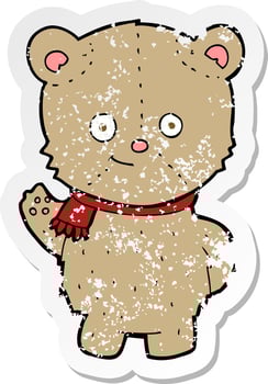 retro distressed sticker of a cartoon bear waving vector