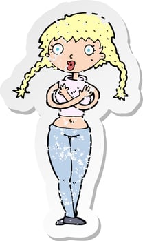 retro distressed sticker of a cartoon offended woman covering herself vector
