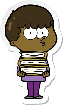 sticker of a cartoon curious boy with lots of books vector