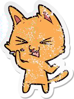 distressed sticker of a cartoon cat hissing vector
