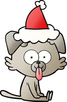 gradient cartoon of a sitting dog with tongue sticking out wearing santa hat vector