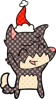 happy comic book style illustration of a fox wearing santa hat vector