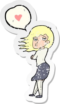retro distressed sticker of a cartoon woman talking about love vector