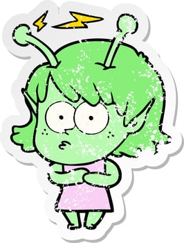 distressed sticker of a cartoon alien girl vector