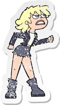 retro distressed sticker of a cartoon angry biker girl vector