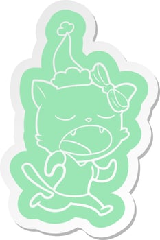 cartoon  sticker of a yawning cat wearing santa hat vector