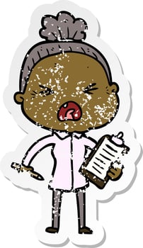 distressed sticker of a cartoon angry old woman vector