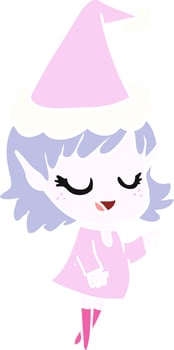 happy flat color illustration of a elf girl pointing wearing santa hat vector