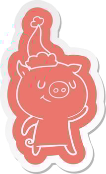 happy cartoon  sticker of a pig wearing santa hat vector