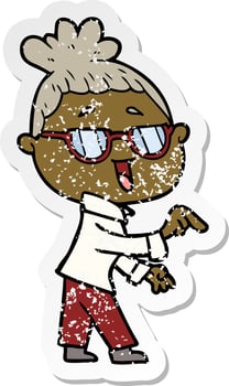distressed sticker of a cartoon happy woman wearing spectacles vector