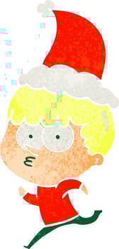 retro cartoon of a curious boy running wearing santa hat vector