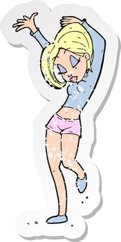 retro distressed sticker of a cartoon pretty woman dancing vector