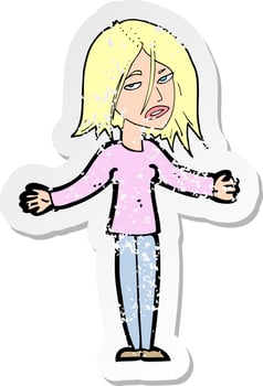 retro distressed sticker of a cartoon woman shrugging shoulders vector