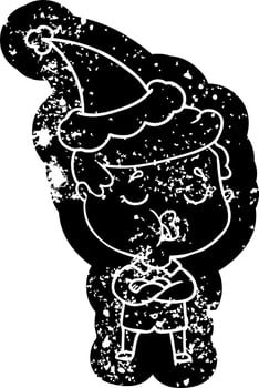 cartoon distressed icon of a man talking wearing santa hat vector