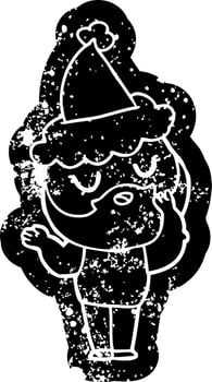 cartoon distressed icon of a man with beard wearing santa hat vector