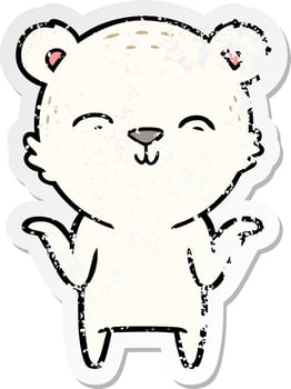 distressed sticker of a happy cartoon polar bear shrugging shoulders vector