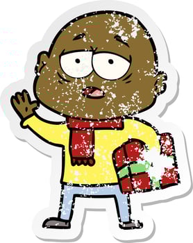 distressed sticker of a cartoon tired bald man vector