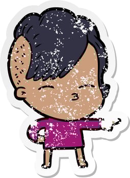 distressed sticker of a cartoon squinting girl vector