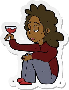 sticker of a cartoon unhappy woman with glass of wine vector