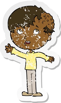 retro distressed sticker of a cartoon boy with growth on head vector