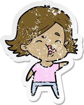 distressed sticker of a cartoon girl pulling face vector