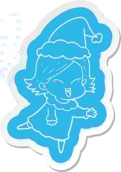 happy cartoon  sticker of a girl wearing santa hat vector