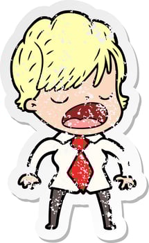 distressed sticker of a cartoon woman talking vector