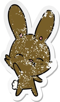 distressed sticker of a curious waving bunny cartoon vector