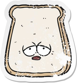 distressed sticker of a cartoon tired old slice of bread vector