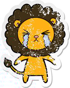 distressed sticker of a cartoon crying lion vector