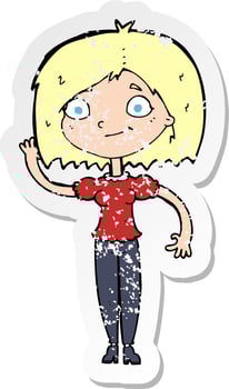 retro distressed sticker of a cartoon woman waving vector