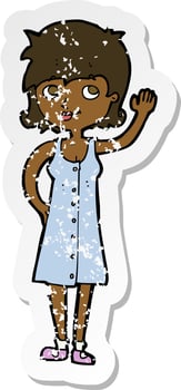 retro distressed sticker of a cartoon pretty woman waving vector