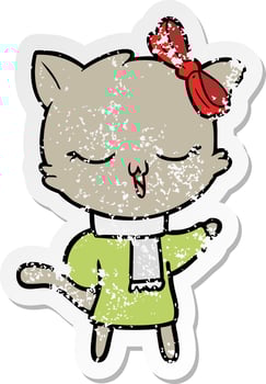 distressed sticker of a cartoon cat with bow on head vector