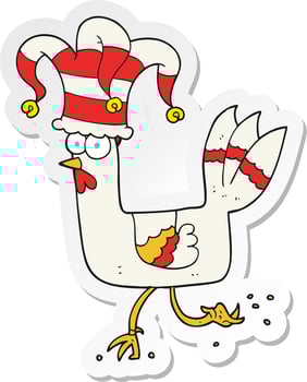 sticker of a cartoon chicken running in funny hat vector