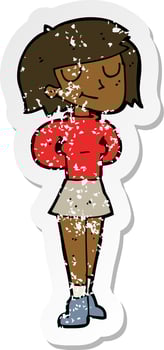 retro distressed sticker of a cartoon pleased woman vector