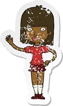 retro distressed sticker of a cartoon woman waving vector