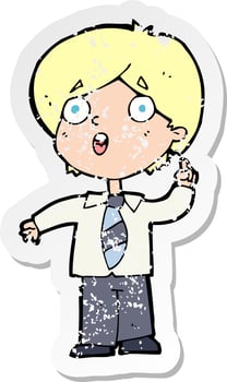 retro distressed sticker of a cartoon schoolboy answering question vector