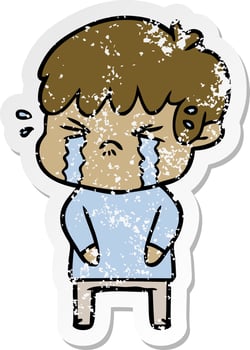 distressed sticker of a cartoon boy crying vector