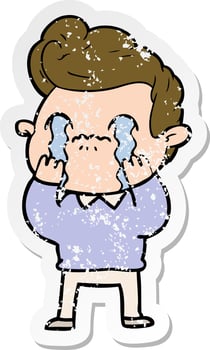 distressed sticker of a cartoon man crying vector