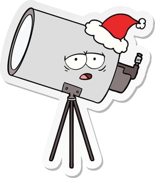 sticker cartoon of a bored telescope with face wearing santa hat vector