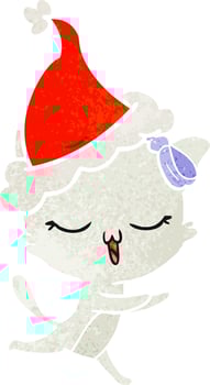 retro cartoon of a cat with bow on head wearing santa hat vector