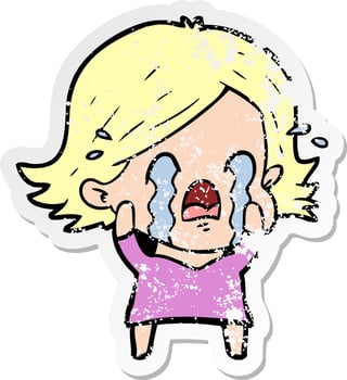 distressed sticker of a cartoon woman crying vector