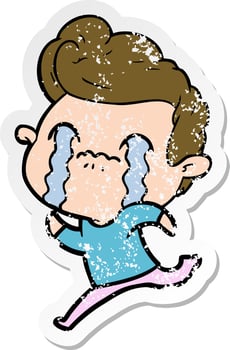 distressed sticker of a cartoon man crying vector