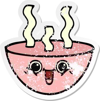 distressed sticker of a cute cartoon bowl of hot soup vector