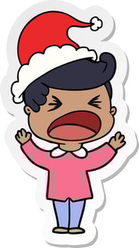 sticker cartoon of a shouting man wearing santa hat vector
