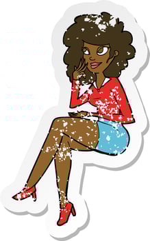 retro distressed sticker of a cartoon office woman sitting vector