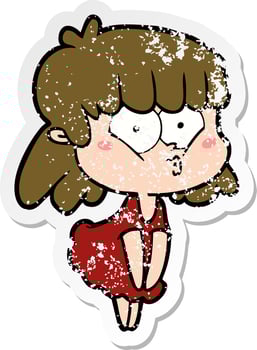 distressed sticker of a cartoon whistling girl vector